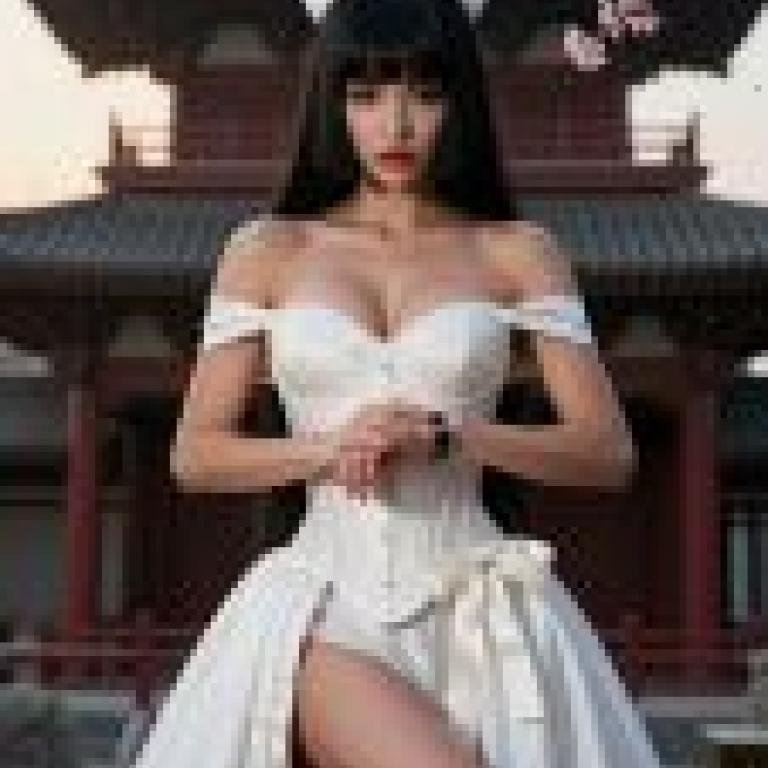 美女，一位身穿白色洋裝、鞠躬的女子站在建築物前。