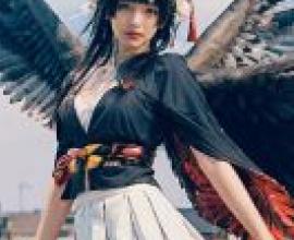 女天狗（傳統形象，生死皆可），身著日本傳統服飾、長翅膀的女孩。