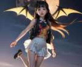 Ooba Juri Magia Record Quebick，一個長著翅膀、打扮成蝙蝠女俠的女孩站在月亮前。