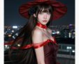 Beautiful and fashionable，A girl in red dress with a witch hat on and a blue flower in her hair.