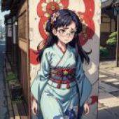電腦桌布，和服美女，動漫，動漫藝術：一位身穿藍色頭髮和洋裝的女孩站在建築物前。