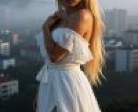 Dance of the Night，Woman in white dress in front of a city skyline.