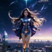 Mobile wallpaper， DonM Celestial Explorers， realistic， a woman in a blue dress with unicorn hair stands on a building overlooking the city.