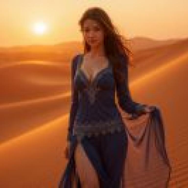 沙漠幻想曲：一位身穿藍色銀色圖案洋裝的女子站在沙丘中央。