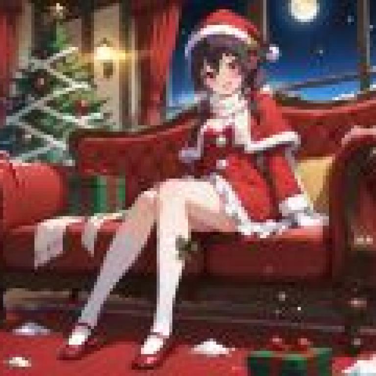 Christmas alone time，The girl is wearing a red dress.