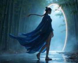 武士女孩，一個女孩在雨中沿著小路走。