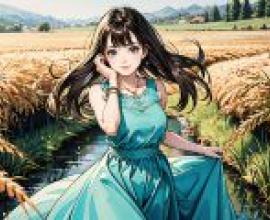 Childhood sweetheart，A blue dress is worn by a girl who has her hand on her face.