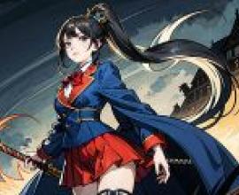 Schoolgirl Demons，A girl with long hair and blue jacket is holding a sword.