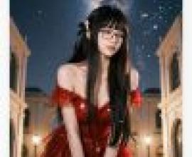 girls，A red dressed girl on the beach is wearing glasses.