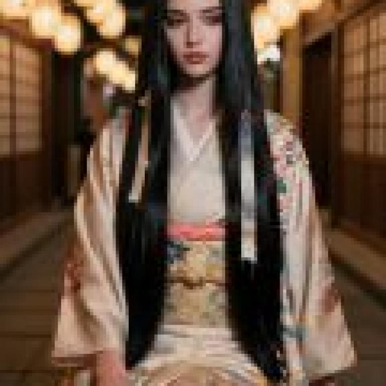 An adventure in Japan，A black haired woman dressed in Japanese clothing.