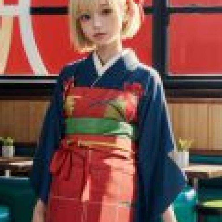Chisato Nishikigi Lycoris Recoil，A woman with blonde hair wearing traditional Japanese clothing