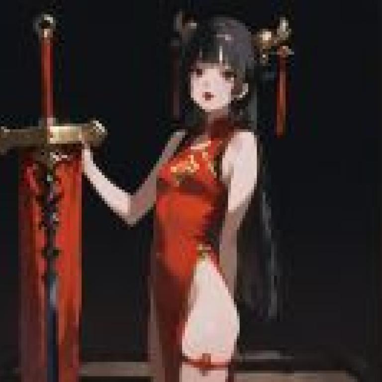 旗袍與中國式巨劍，一位身著紅衣的女子手持寶劍。