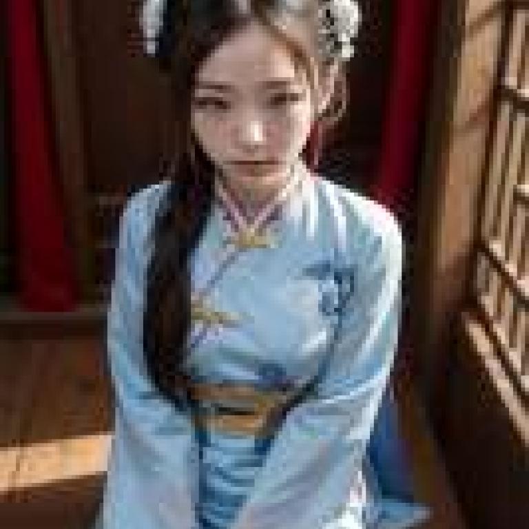 中國女兒裝扮，一位穿著藍色和服的女孩。