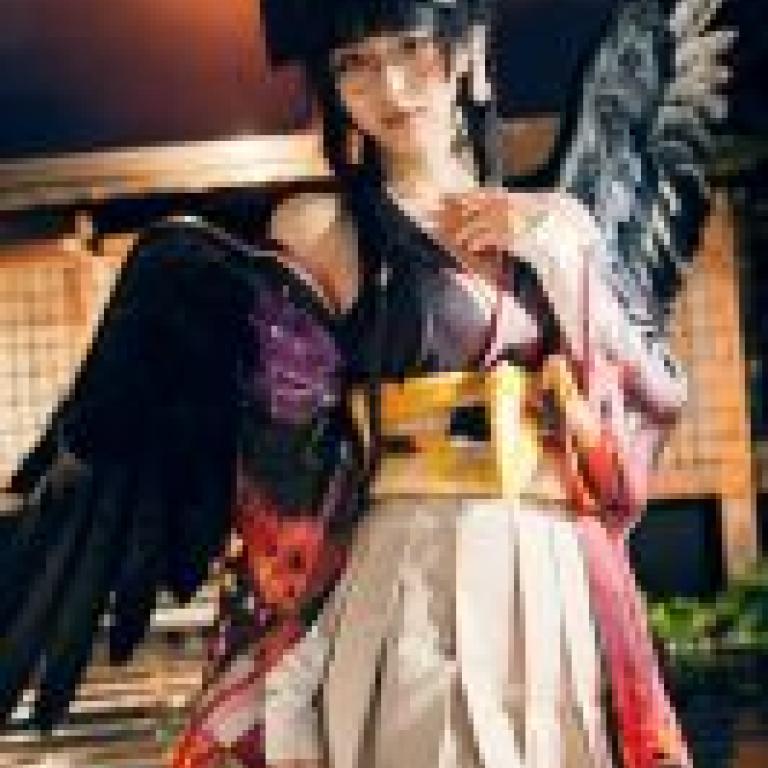 女天狗，傳統形象，生死皆可，身穿紅色和服的黑色帶翼女子。