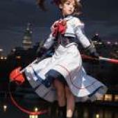 Takamachi Nanoha，Magical girl，A girl in a skirt with a bow holding a red stick.