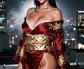 girls，Asian model wearing red dress in front of city.