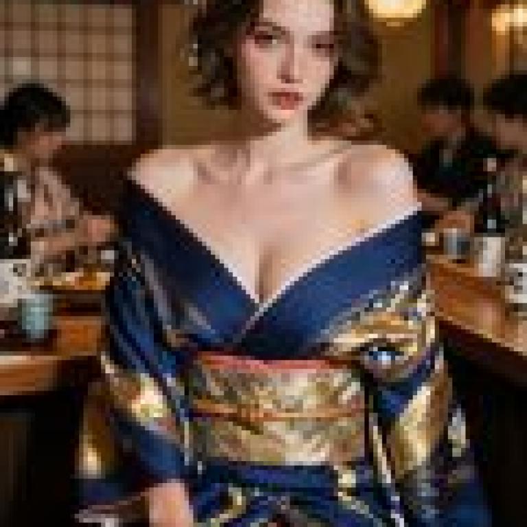 Kimono Phantom，A woman in blue dress is sitting on a stool and eating food.