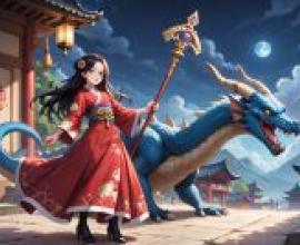 dragon girl，一條藍龍站在女孩面前。