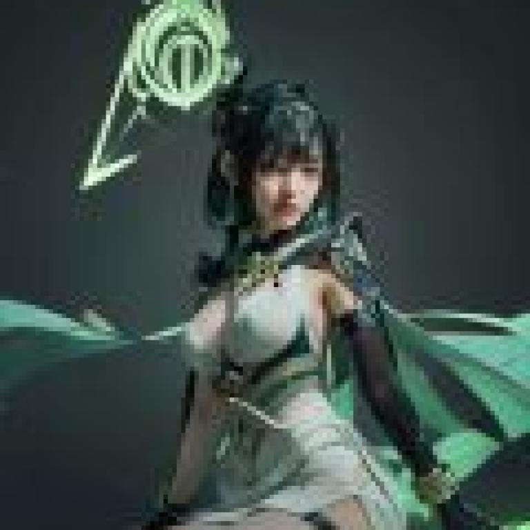 Nefer Genshin Impact，一個穿著白色連身裙、雙膝彎曲、手持長劍的女孩。