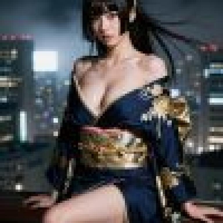 女孩們，一位黑髮藍衣女子坐在欄桿上。