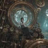 Time Palace，A woman sitting on a large mechanical clock.