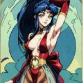 Hishizaki Shaia Voltage Fighter，一位身穿紅色連身裙和藍色胸罩的女士。