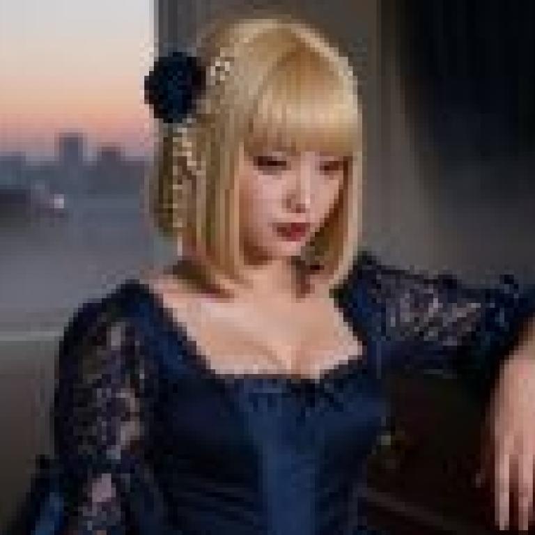 街頭攝影，一位戴著珍珠耳環、穿著藍色洋裝的金髮女子。