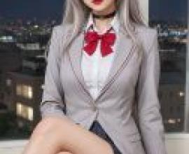 Alisa Mikhailovna Alya Kujou，一個身穿銀黑色套裝的金髮女孩站在窗前。