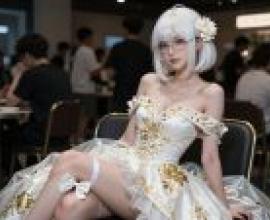 White flowers at the banquet，A model wearing glasses sits cross legged on a chair.
