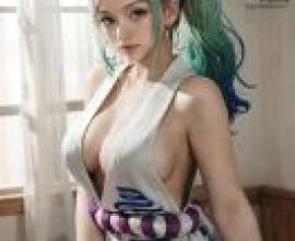 海賊王 大和 一位身穿白色字母圖案服裝的女子坐著。