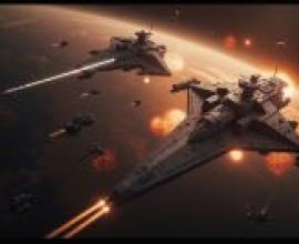 battle spaceSpace ship flying in front of the sun.