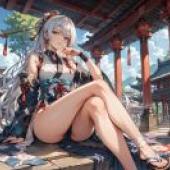 Ninja Girl，A girl with white hair and long blue sleeves sitting cross legged.
