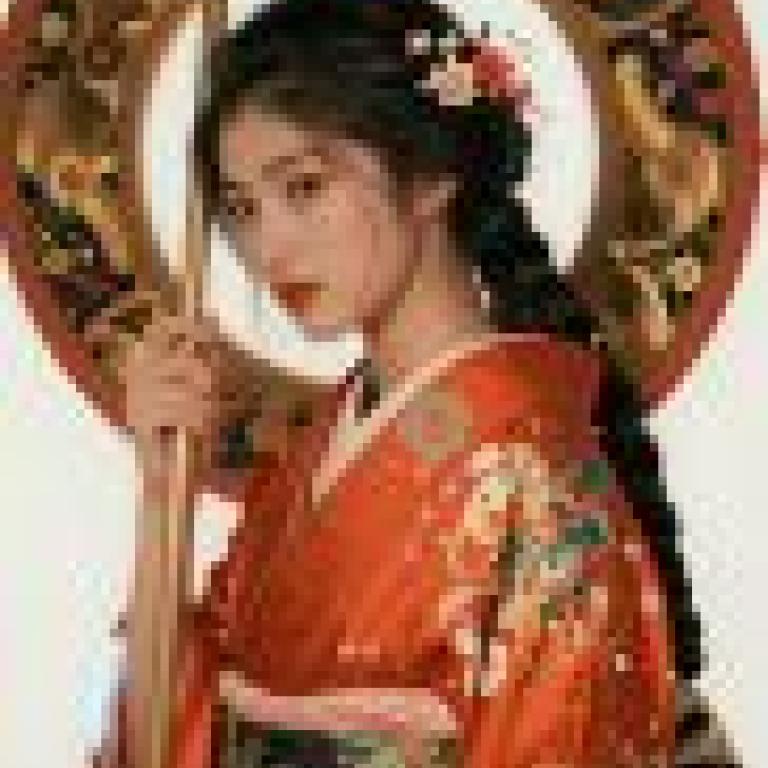 身著日本和服的美女，女孩頭後有一輪巨大的金色太陽。