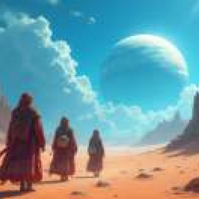 Pilgrimage，Three people are walking in the desert.