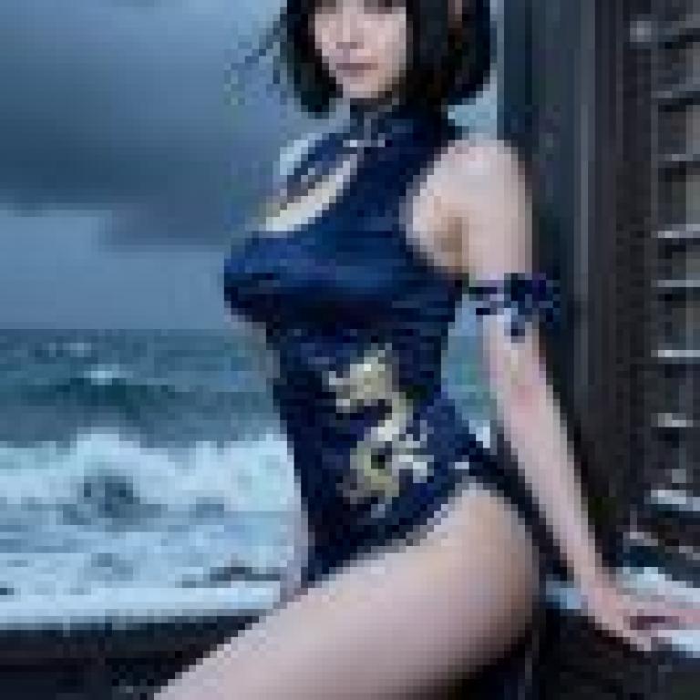 女孩們，一位身穿藍色洋裝、洋裝上有金色龍圖案的女子。