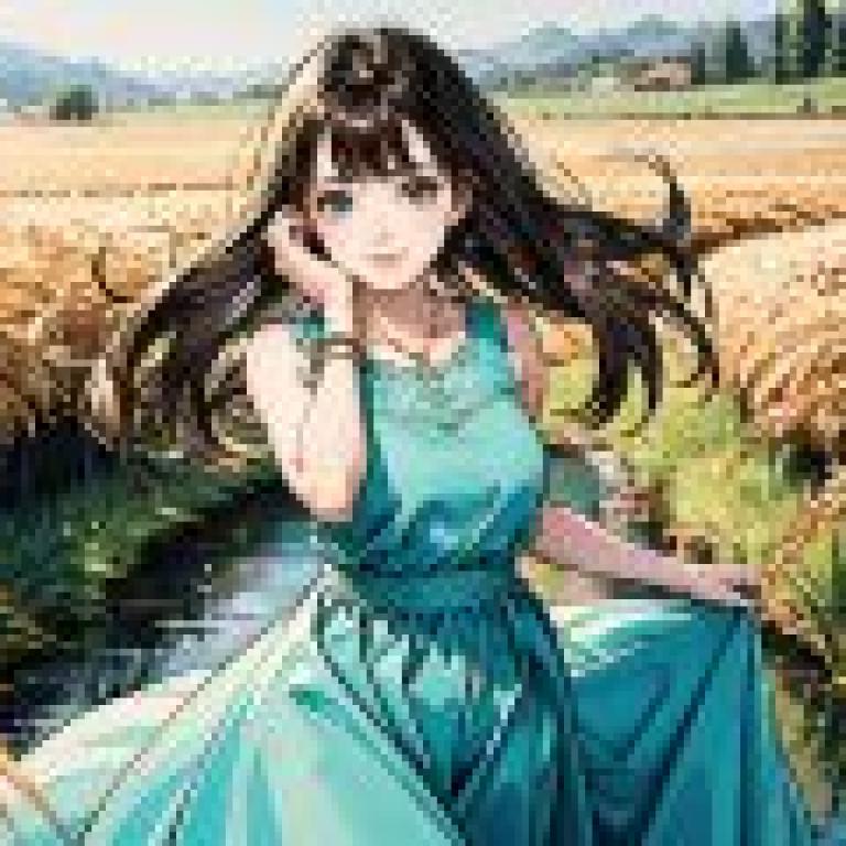 Childhood sweetheart，A blue dress is worn by a girl who has her hand on her face.