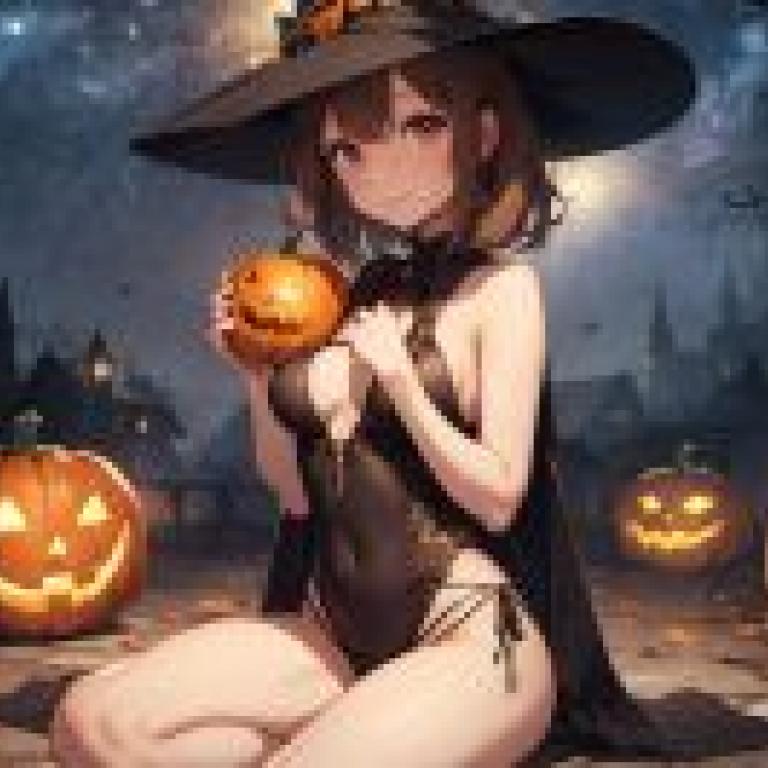 萬聖節南瓜女孩：一個戴著黑色帽子的女孩，手裡拿著一個南瓜，胸口插著一把刀。