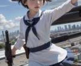 Yoshika Miyafuji，Strike Witches，A girl in a sailors uniform on top of the city.