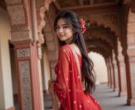 一段前世命中註定的緣分。女子身穿紅色連身裙，頭戴鮮花。