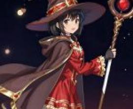 Super Magic，a young girl in a red dress and hat is holding a wand with a gem on it.