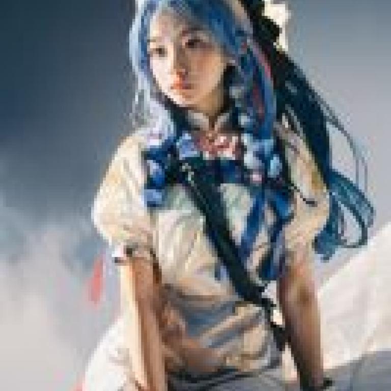 青森礦山，藍色檔案，一個戴著藍色假髮和穿著藍色連身裙的女孩。