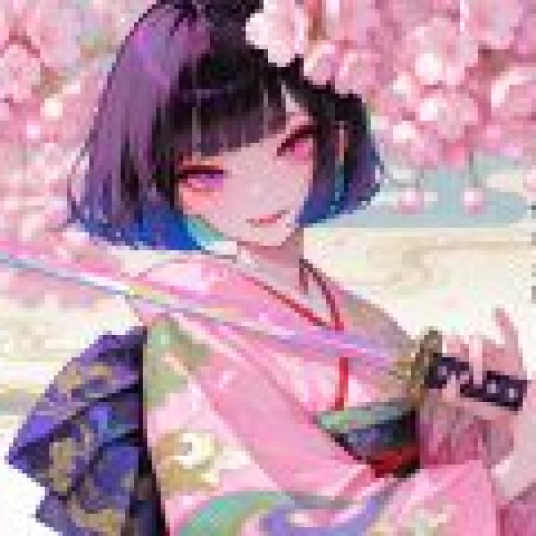 新年櫻花盛開，一位粉紅色頭髮的女子手持寶劍。