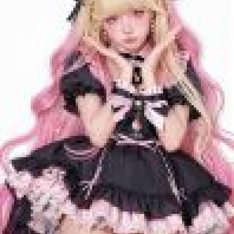 multicolor，A doll with pink hair and black bow dress.