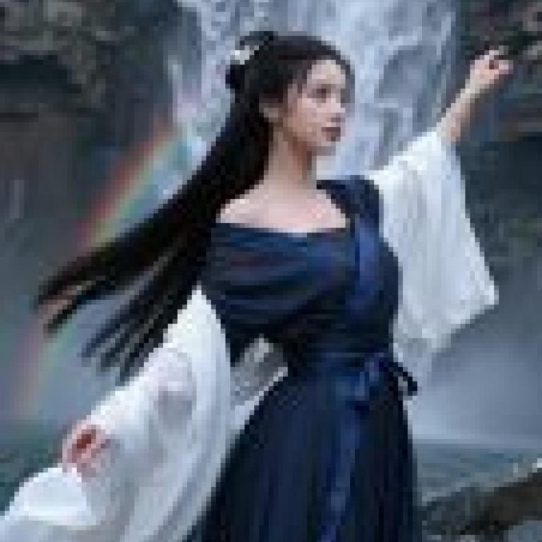 村長的女兒，穿著藍色衣服，頭上戴著蝴蝶結的女子。
