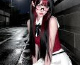 Street Girl Style Test，Goth girl in red with glasses and bow.