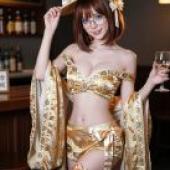 ZIT TRY01，A woman in a gold outfit holding a glass.