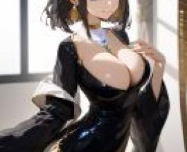 in room，身穿黑色洋裝的女子，雙手叉腰。