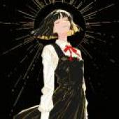 Japanese JK silhouette，Woman in black dress with red bowtie.