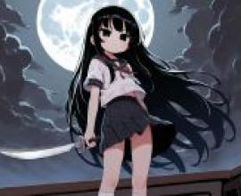 Killer GirlAnime drawing of girl with long hair and red bow holding sword.