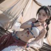 Sexy print and peaceful girl， beach and wind， bikini Phantom